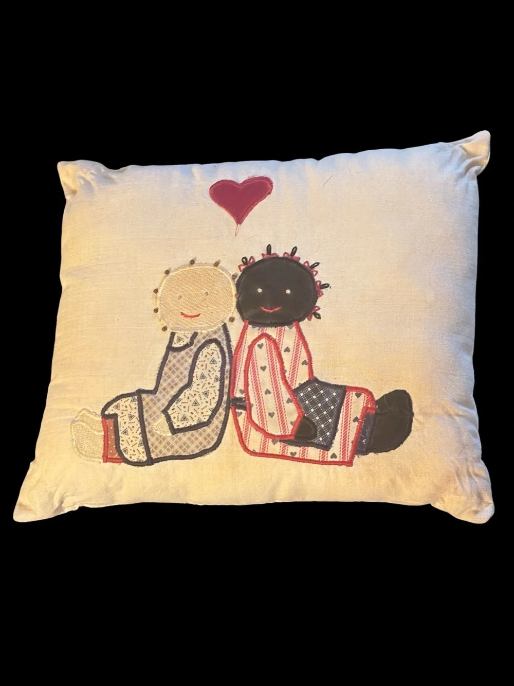 Handmade Primitive Cream Appliqué Love Doll Accent Pillow- Best Friends